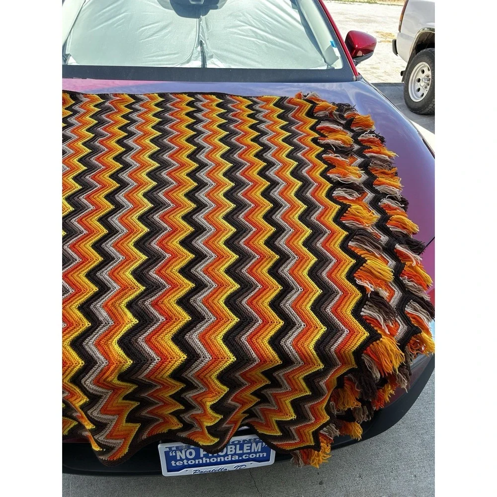 Vintage Crochet Chevron Afghan Throw 48x96 Brown Orange Gold Fringe